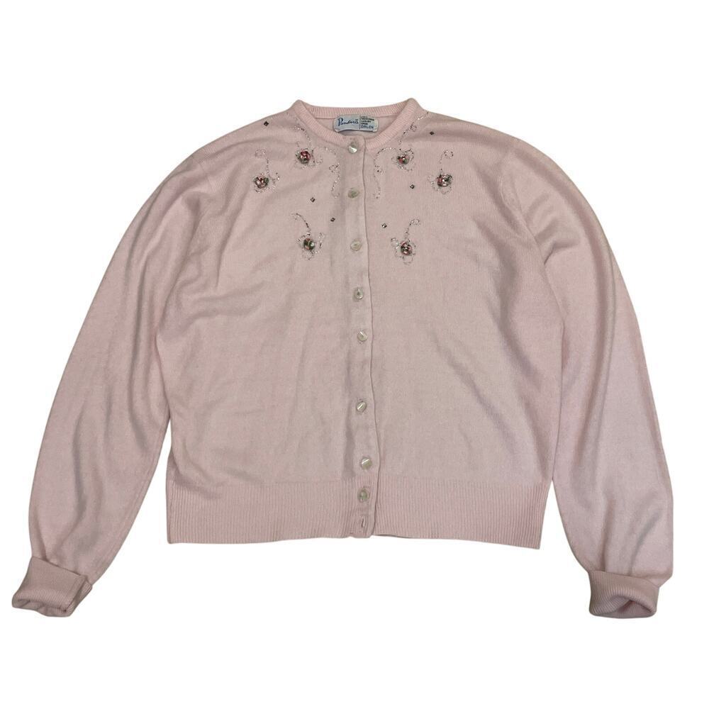 Rare 50's Pandora Orlon Pink Cardigan Sweater | Beads Floral Rhinestones Vintage